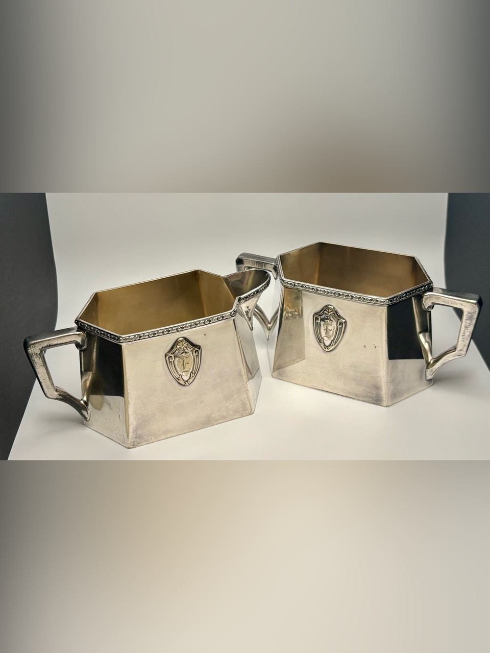 Vintage Colonial Silver Plate Hexagonal Creamer & Sugar Set